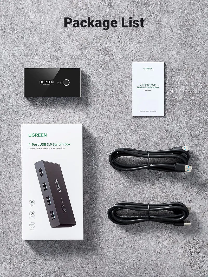UGREEN USB 3.0 4-Port Switch With 2 Pack USB Male Cable