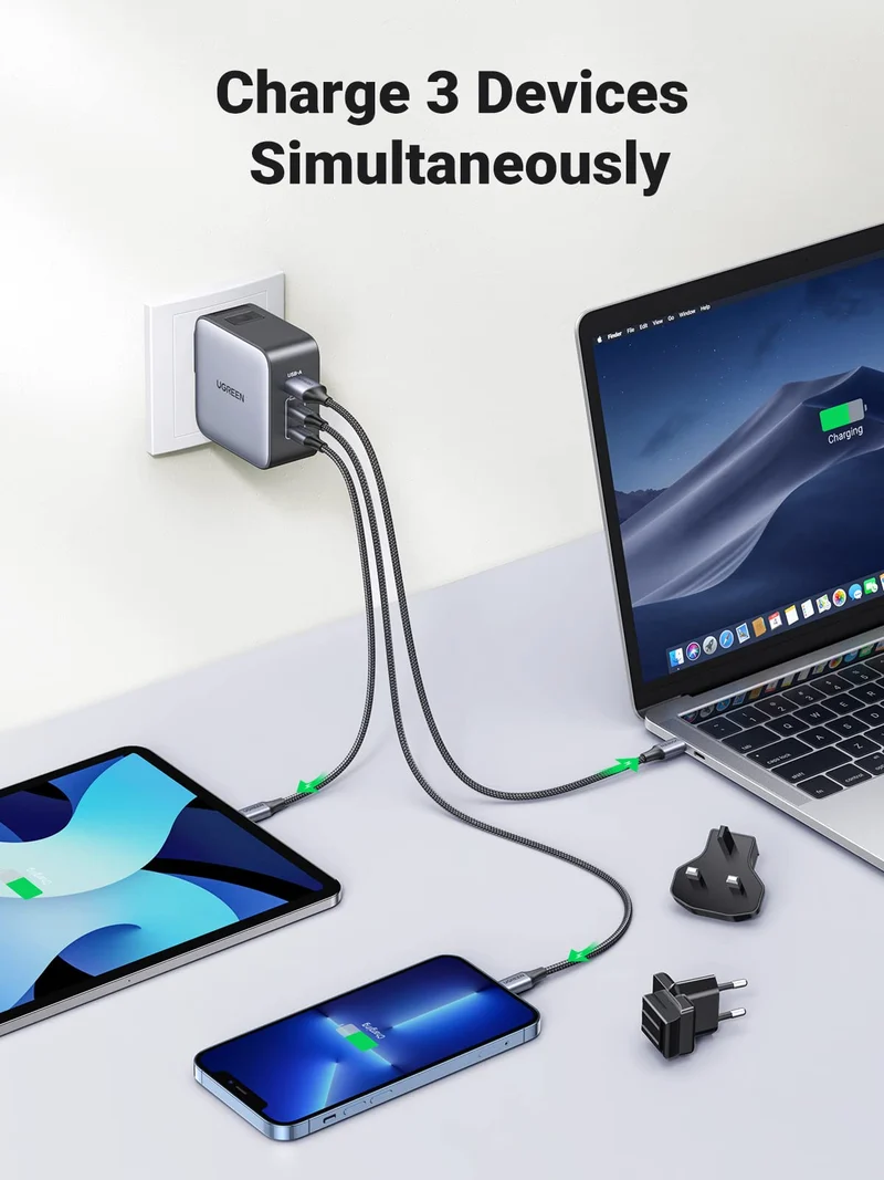 UGREEN Nexode 65W 3-Port Travel Charger with US/UK/EU Plug
