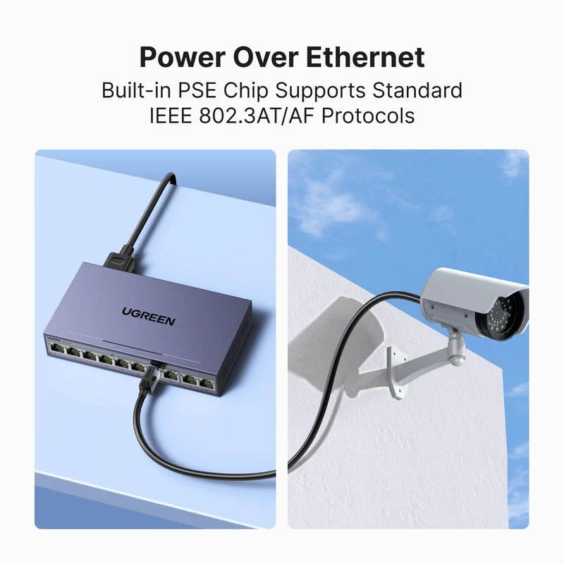 UGREEN Ethernet Switch, 10-Port PoE Switch, 8 PoE+@60W and 2 Gigabit Uplink, Plug & Play, Auto/VLAN/Extend Mode, Sturdy Metal, Desktop or Wall Mount Network Splitter Hub for Security Camera, IP Phone