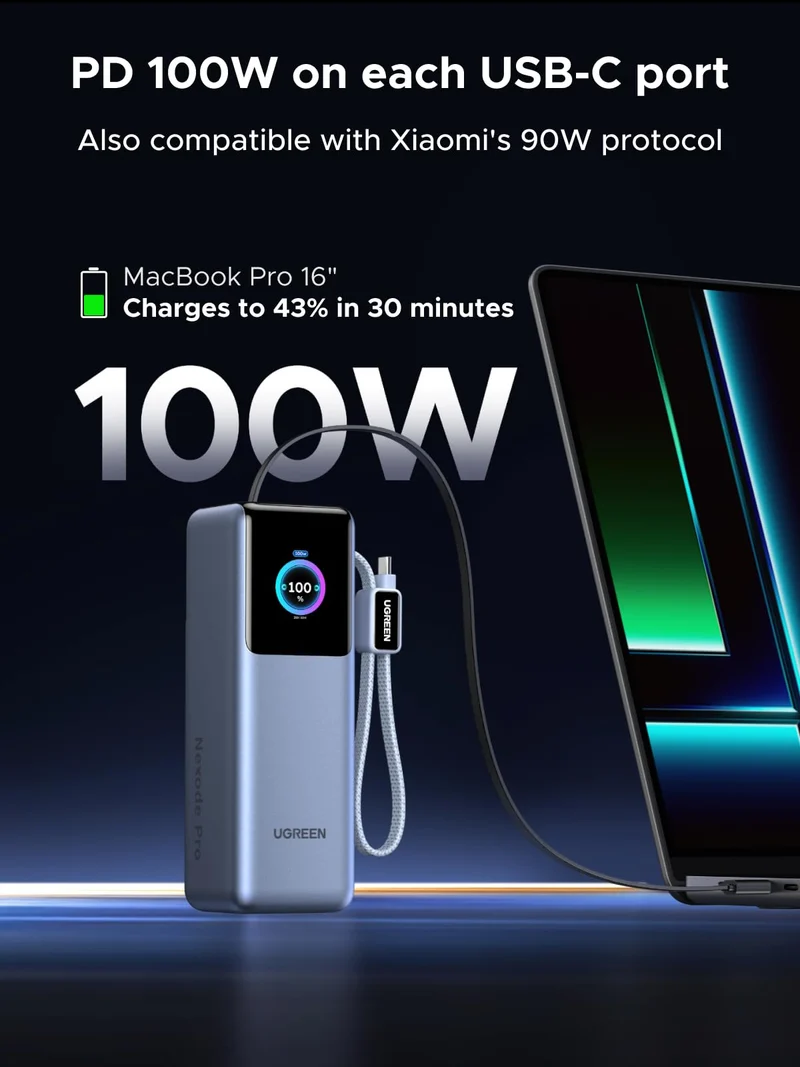 UGREEN 200W Power Bank 25000mAh Fast Charging Built-in Cable