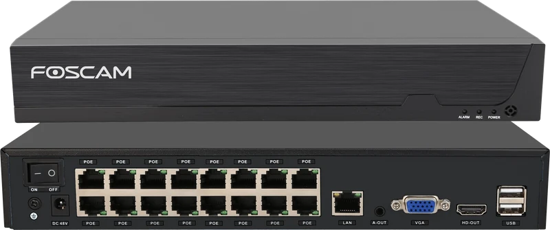 Foscam FNA216HE | 16-kanaals 4K NVR Recorder | 16 Ingebouwde PoE-poorten | Max 2×16TB HDD | H.264+ | ONVIF | HDMI | Plug & Play | Zwart