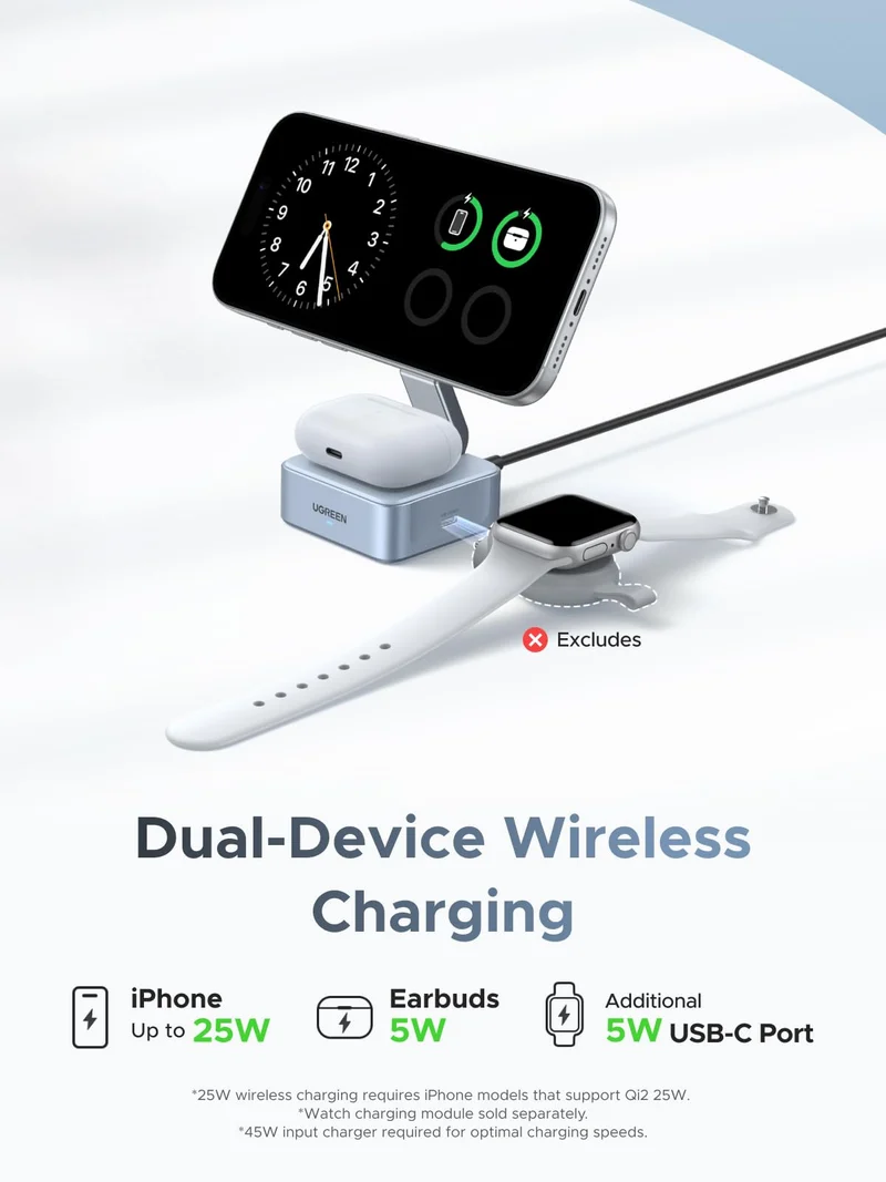 UGREEN MagFlow 2-in-1 Magnetic Wireless Charger (Qi2 25W, MagSafe-Compatible)