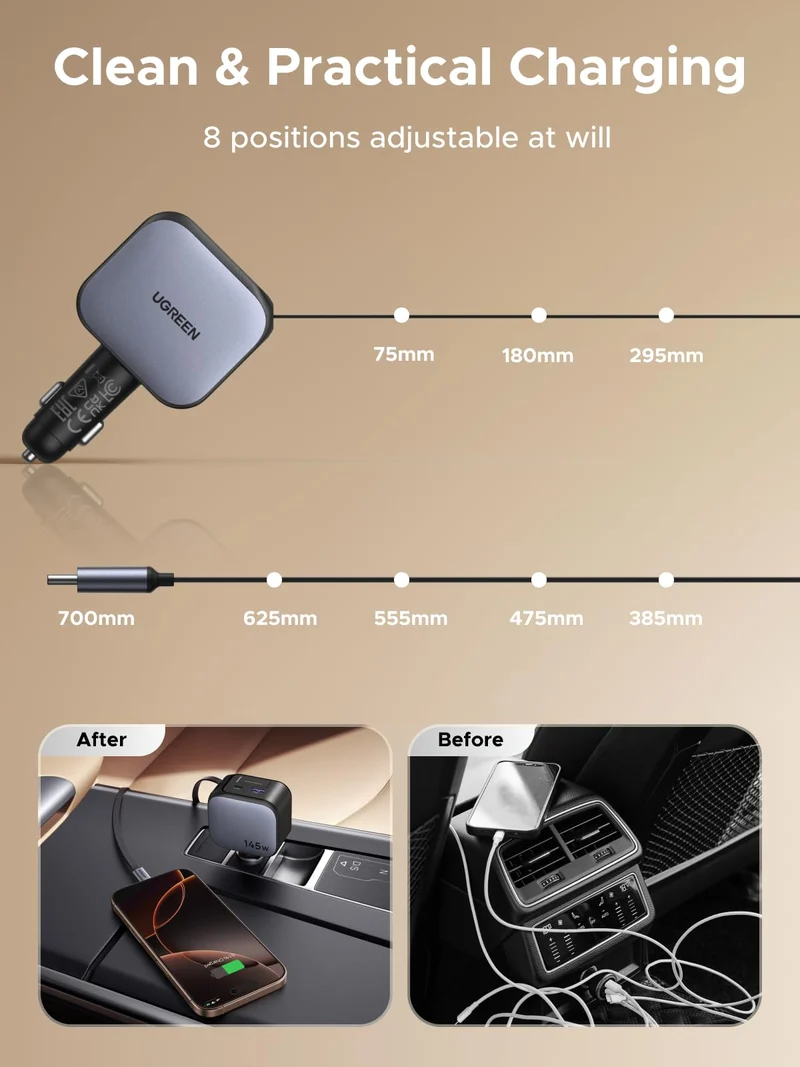 UGREEN Nexode Car Charger 145W with Retractable USB-C Cable