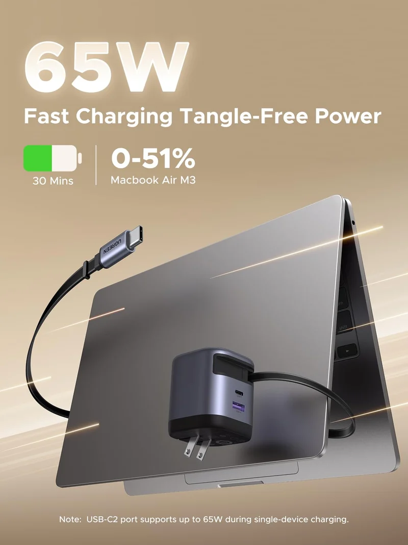 UGREEN Nexode 65W Charger with Retractable USB-C Cable