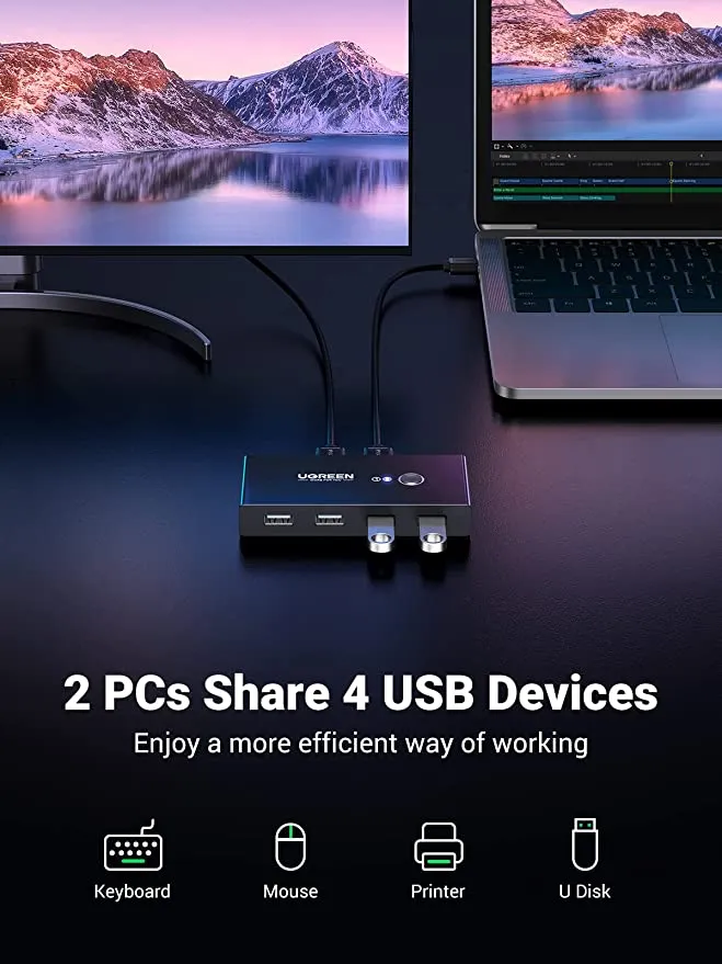 UGREEN USB 2.0 Switch 2 In 4 Output USB KVM Switch