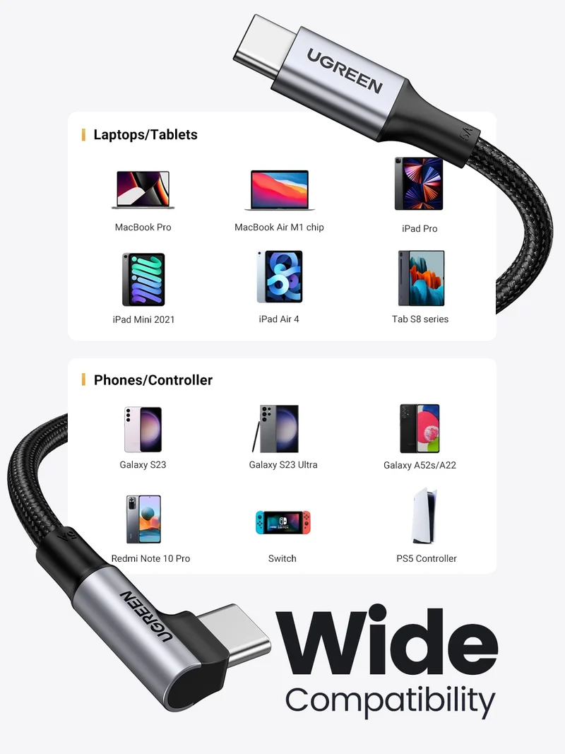 UGREEN 100W USB C Cable 90 Degree Type C Charging Cable 10FT