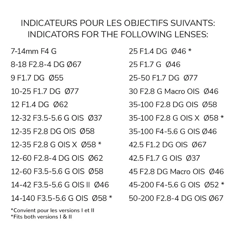 Indicateursd'objectifs avant/arrière Lumix G