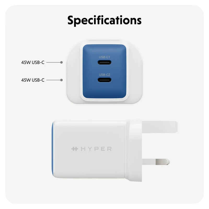 Chargeur mural HyperJuice Flex 45 W GaN - Bleu (Royaume-Uni)