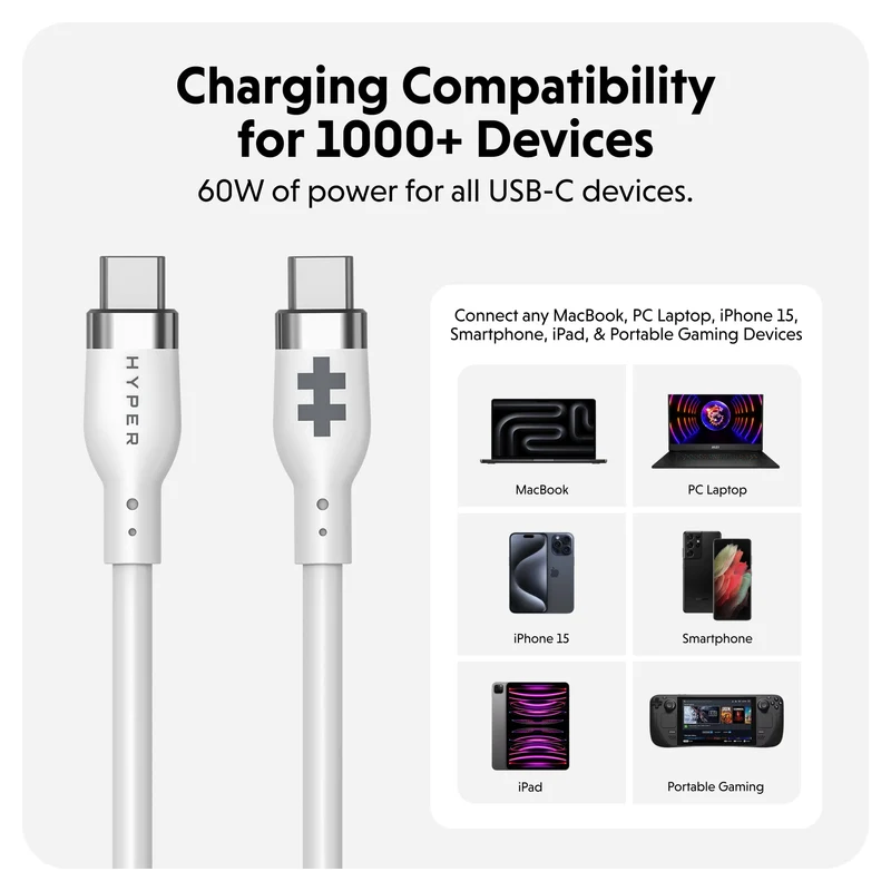 HyperJuice Câble de charge USB-C en silicone (1,5 m) - Blanc