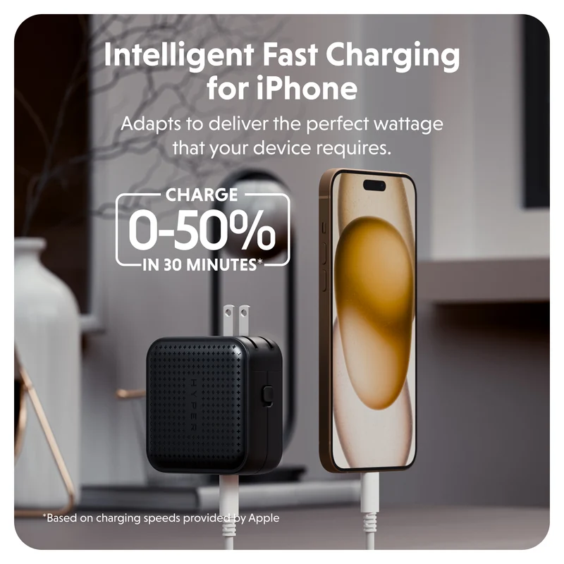 Chargeur de voyage HyperJuice® 70 W USB-C GaN testé pour la sécurité - Noir