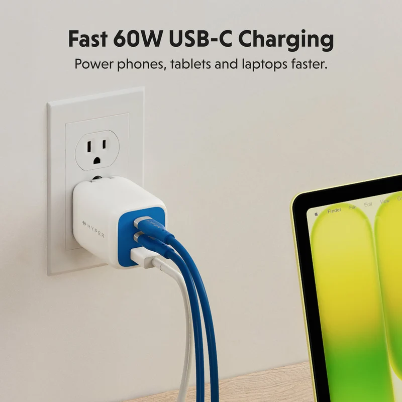 Câble de recharge HyperJuice Flex USB-C vers USB-C en silicone, 60 W (1,5 m / 5 pieds) - Bleu