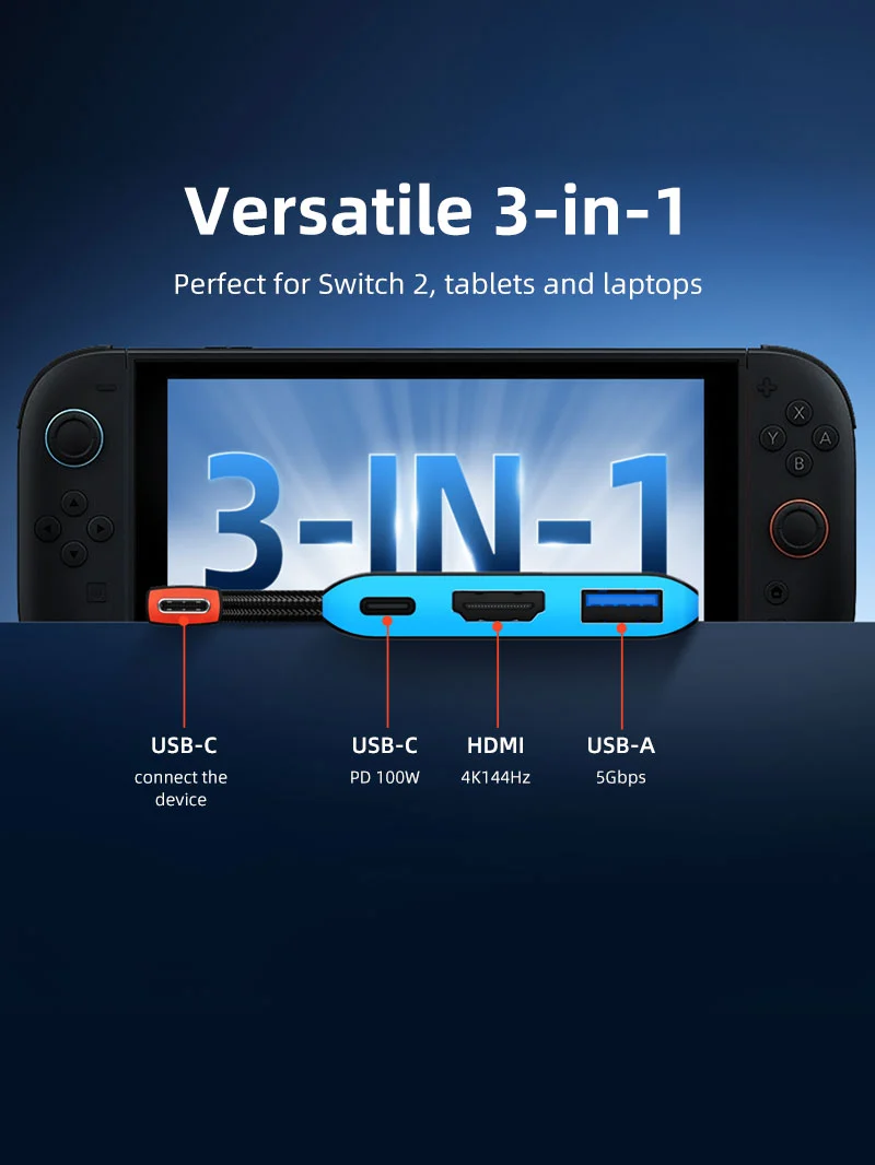 4K144Hz Switch 2 Dock Replacement Portable TV Dock Station 3-in-1 for Switch/Switch 2/Steam Deck
