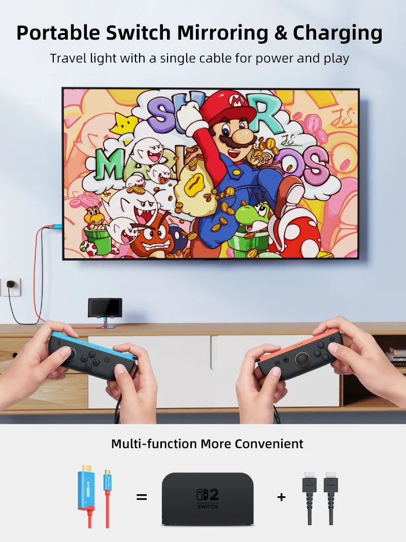 Nintendo Switch 2 Travel Dock 4K144Hz USB-C to HDMI Cable with 100W PD Charging