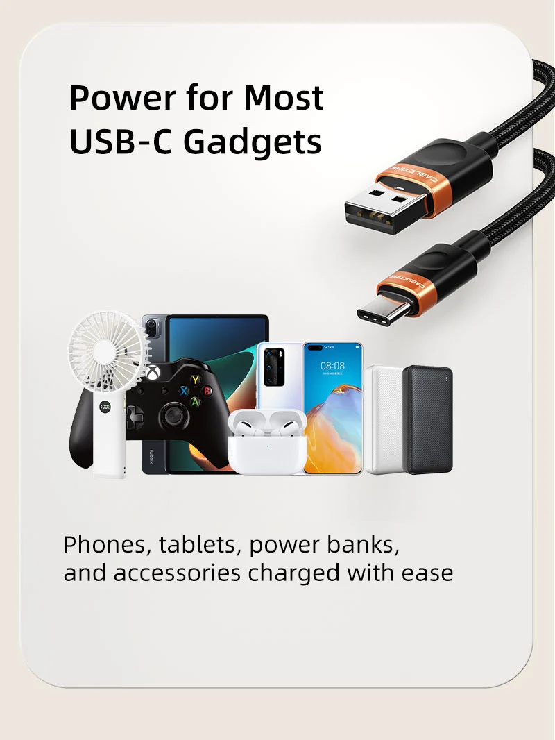 2A USB-A to USB-C Cable Fast Charging for Smartphones,Power bank, USB Fan