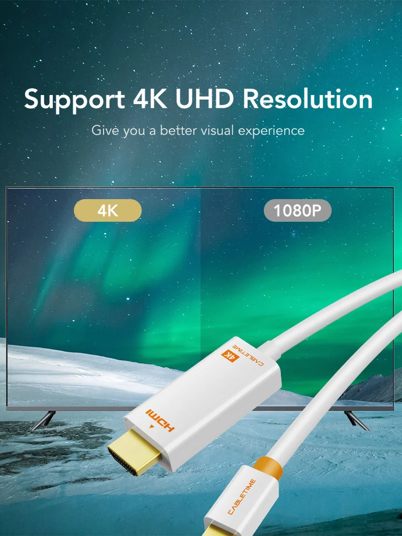 4K 60hz Mini DisplayPort to HDMI Cord 1.8m for MacBook Air/Pro, Surface Pro, Monitor, Projector