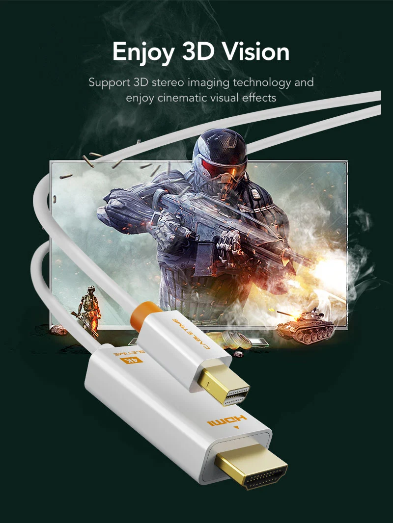 4K 60hz Mini DisplayPort to HDMI Cord 1.8m for MacBook Air/Pro, Surface Pro, Monitor, Projector