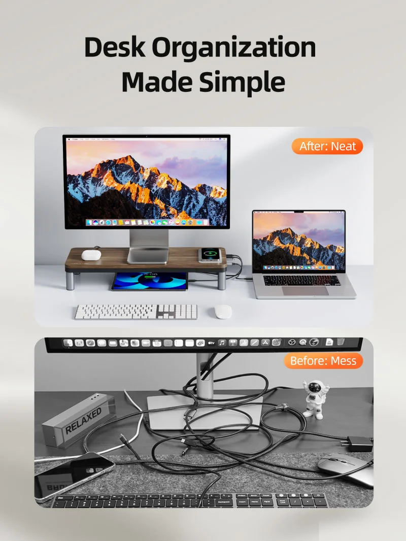 Wood Grain Monitor Stand with 9 IN 1 Docking Station and Wireless Charging Pad