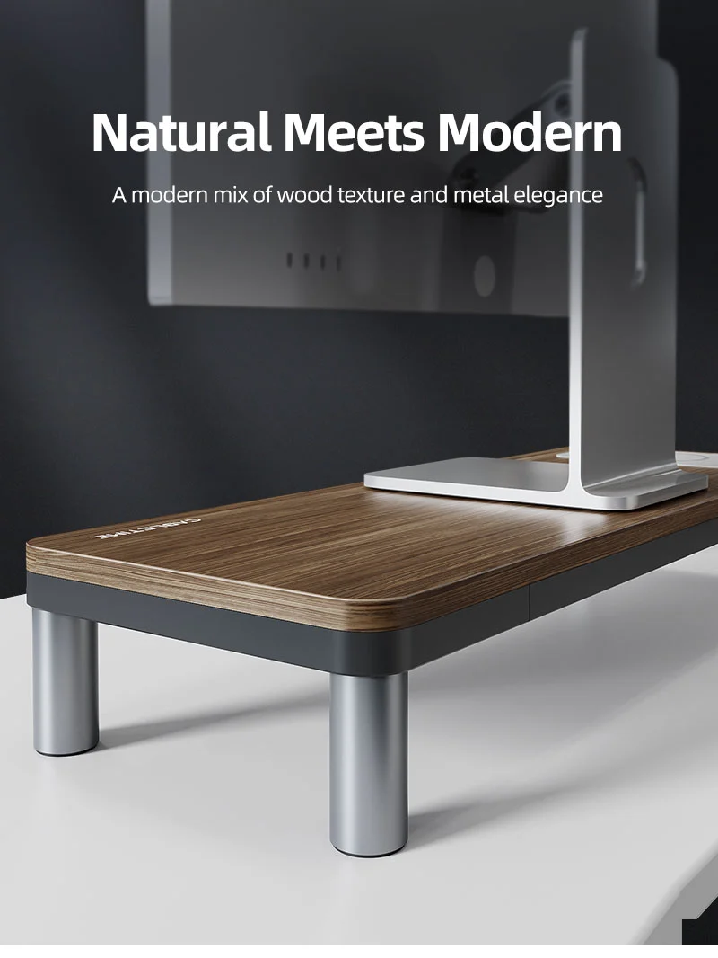 Wood Grain Monitor Stand with 9 IN 1 Docking Station and Wireless Charging Pad