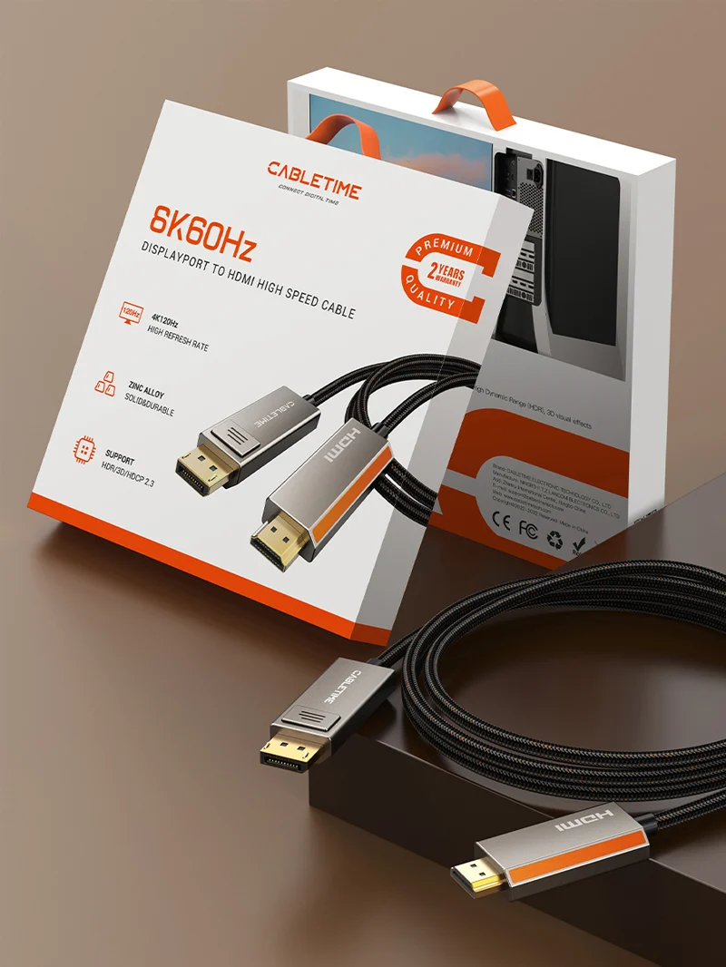 Uni-directional 8K 60Hz Displayport 1.4 to HDMI 2.1 Cable 4K 120Hz