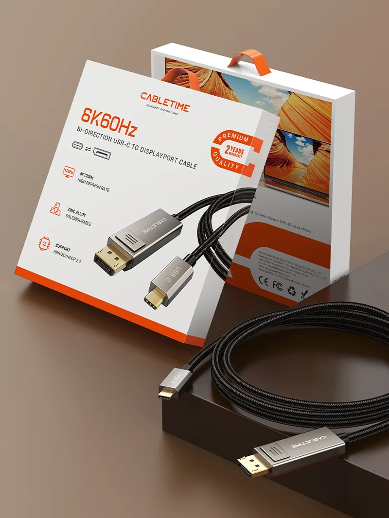 6.6ft 8K 60Hz Bidirectional USB Type-C to DisplayPort Cable 4K 144Hz for MacBook Pro