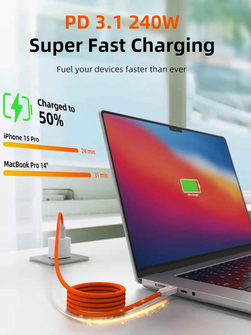 240W USB4 Magnetic Coil USB-C Charging Cable 1M 40Gbps 8K for MacBook iPad Android
