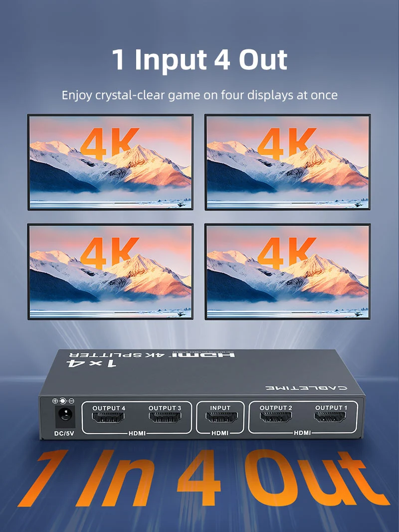 4K 1x4 HDMI Splitter for Multiple Monitors TV