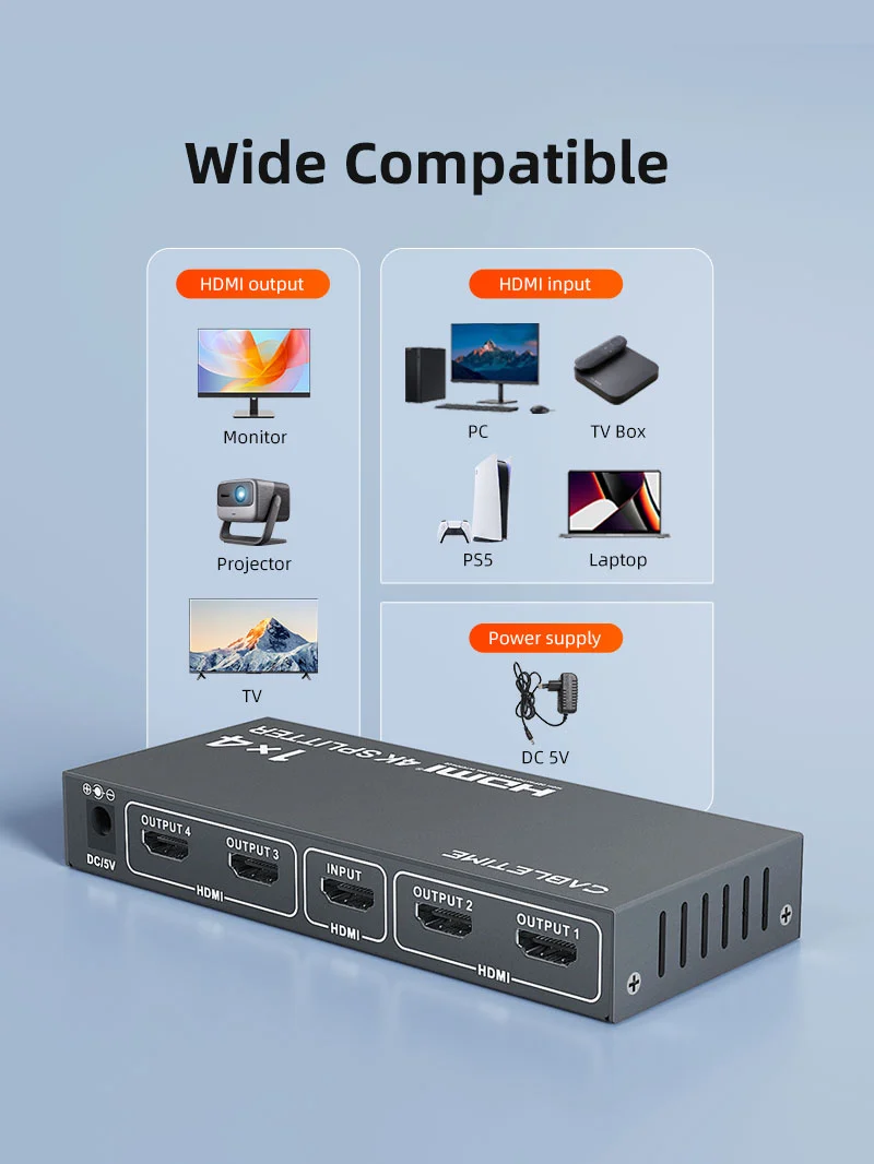 4K 1x4 HDMI Splitter for Multiple Monitors TV