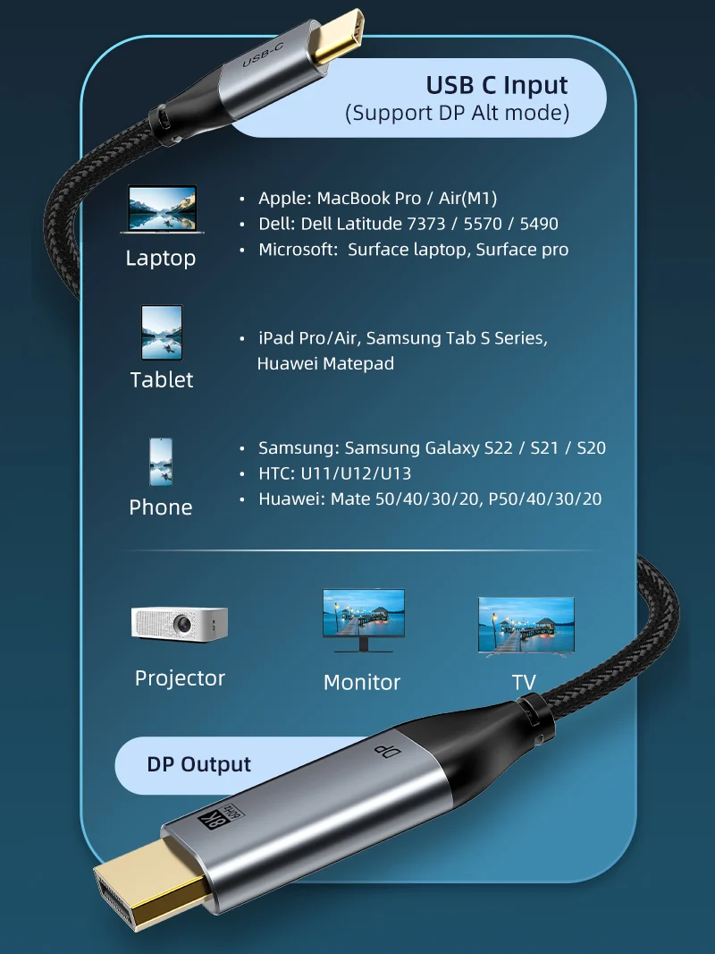 USB C to DisplayPort 1.4 Cable 8K 60Hz 4K 144Hz