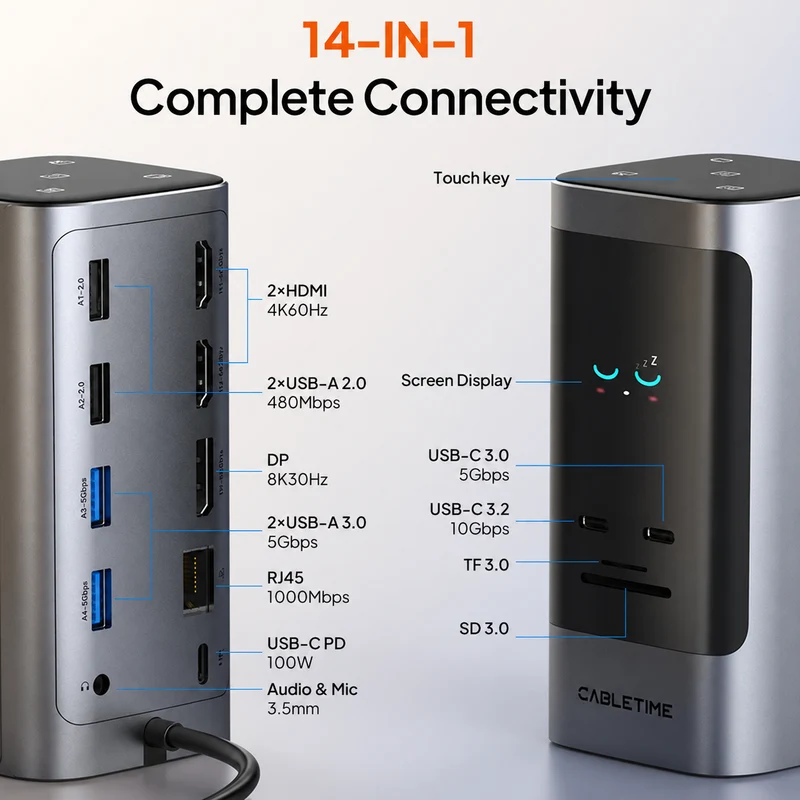 14-in-1 USB-C Docking Station with Smart Display & Touch Controls