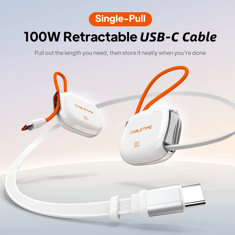 One-Side Retractable USB-C Charging Cable 100W for Travel, Car and Desk