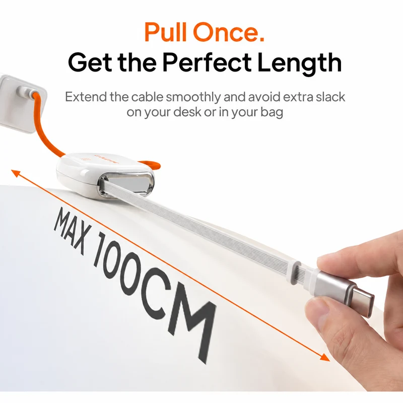 One-Side Retractable USB-C Charging Cable 100W for Travel, Car and Desk