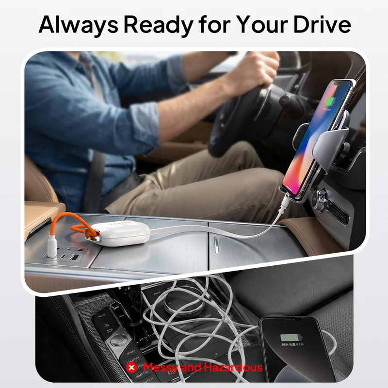 One-Side Retractable USB-C Charging Cable 100W for Travel, Car and Desk