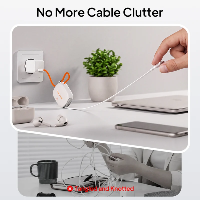 One-Side Retractable USB-C Charging Cable 100W for Travel, Car and Desk
