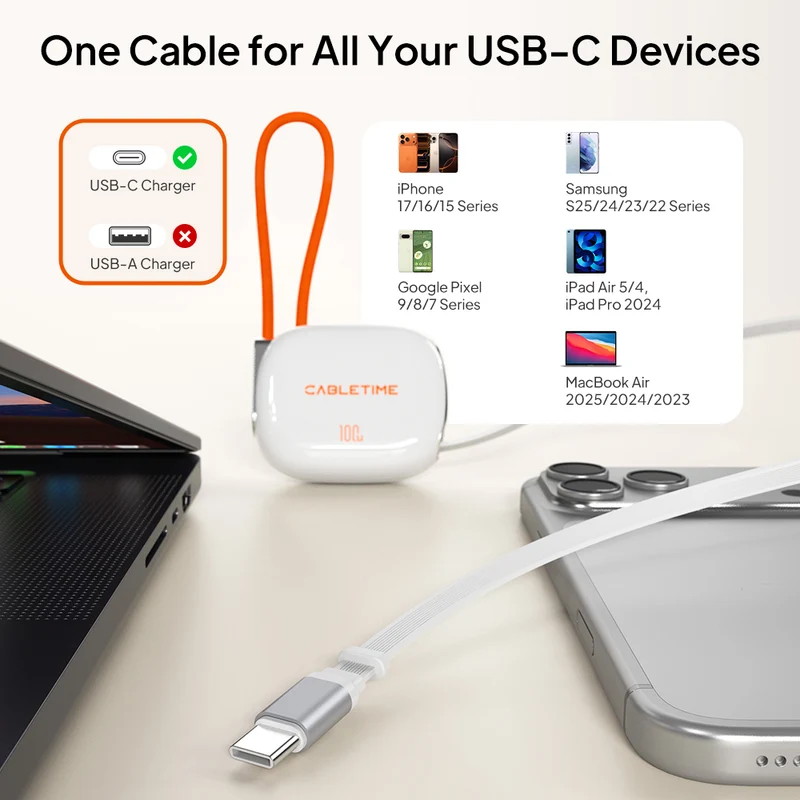 One-Side Retractable USB-C Charging Cable 100W for Travel, Car and Desk