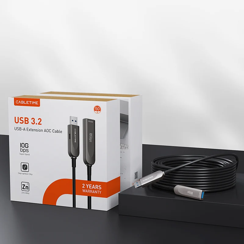 10Gbps USB-A Male to Female Active Fiber Optical Extension Cable, 10–50m