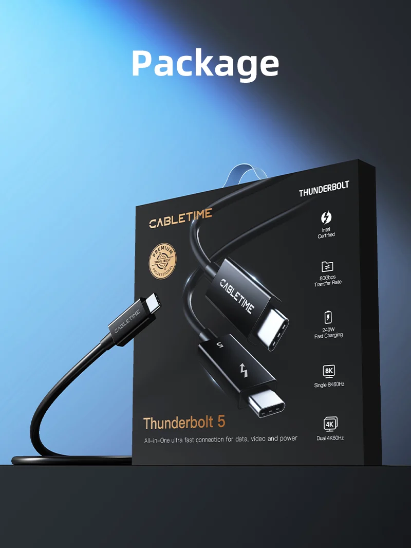 Intel Certified Thunderbolt 5 Cable 0.8m | 240W, 120Gbps, 8K