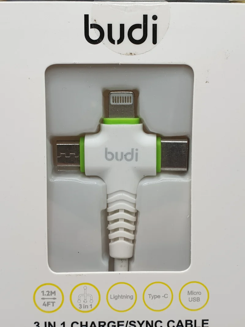 Budi 3 in 1 Cable Lightening Type-C Micro USB 1.2M Fast Charge Smartphones Tablets