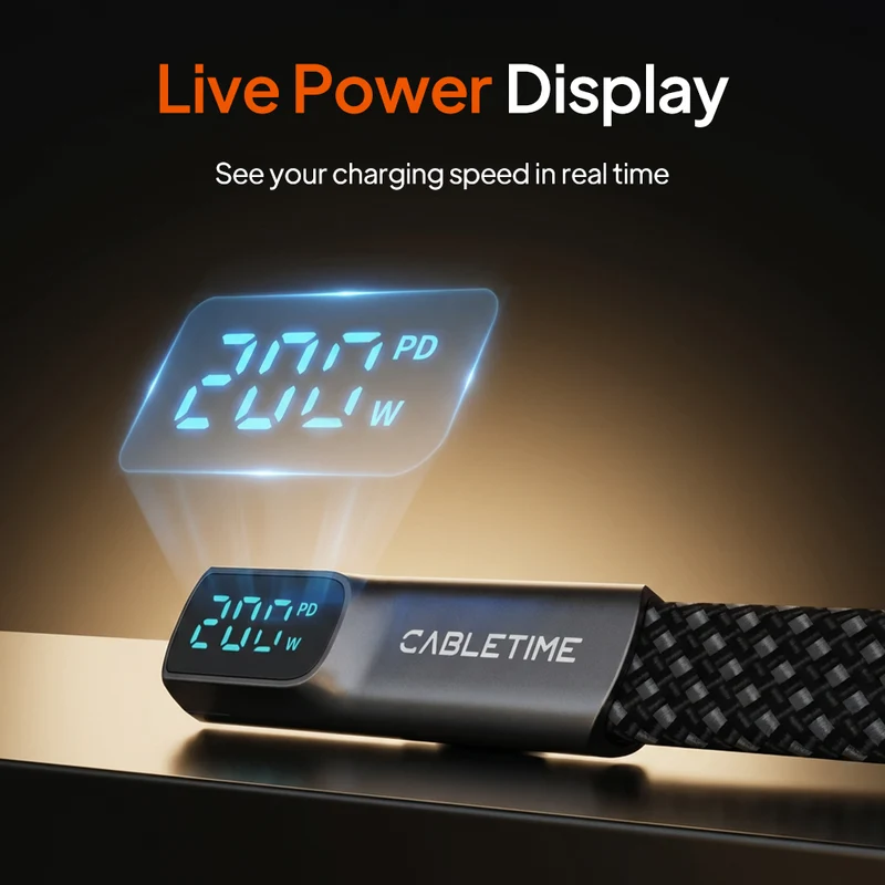 90° Right Angle 240W USB-C Cable with Digital Display, 1.2m