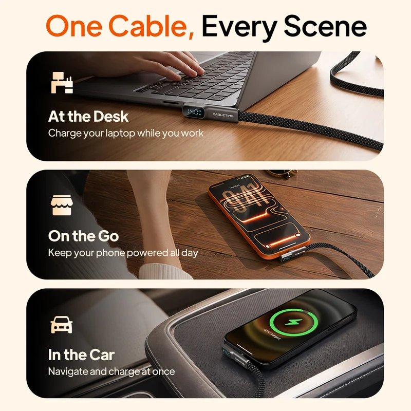 90° Right Angle 240W USB-C Cable with Digital Display, 1.2m