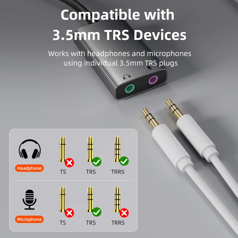 USB-C/A to 3.5mm External Sound Card with Mic & Headphone Jacks
