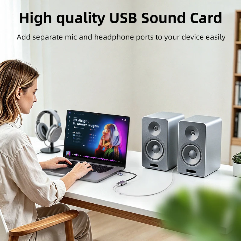 USB-C/A to 3.5mm External Sound Card with Mic & Headphone Jacks