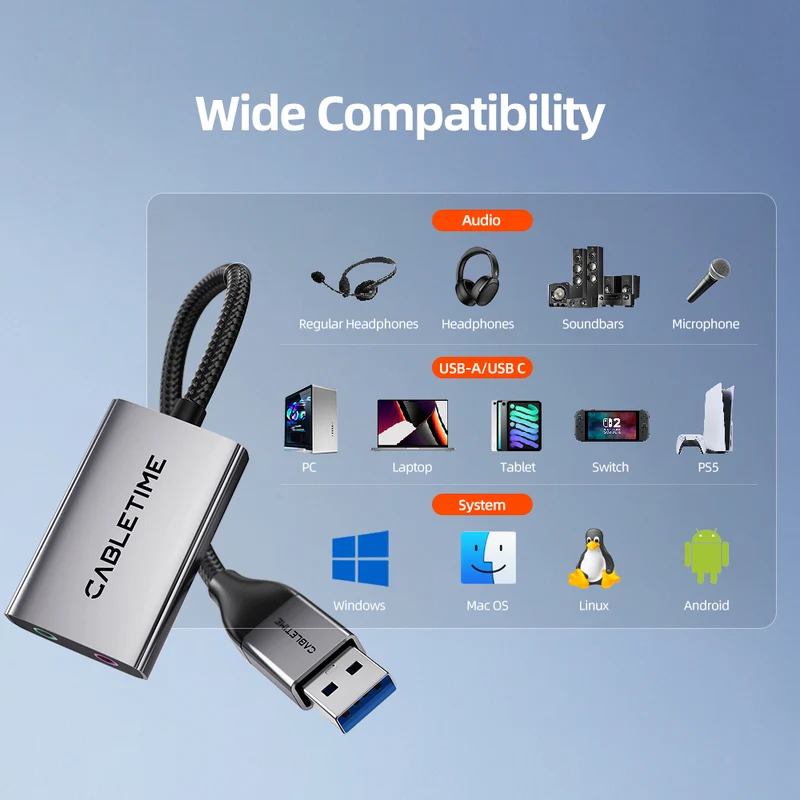 USB-C/A to 3.5mm External Sound Card with Mic & Headphone Jacks