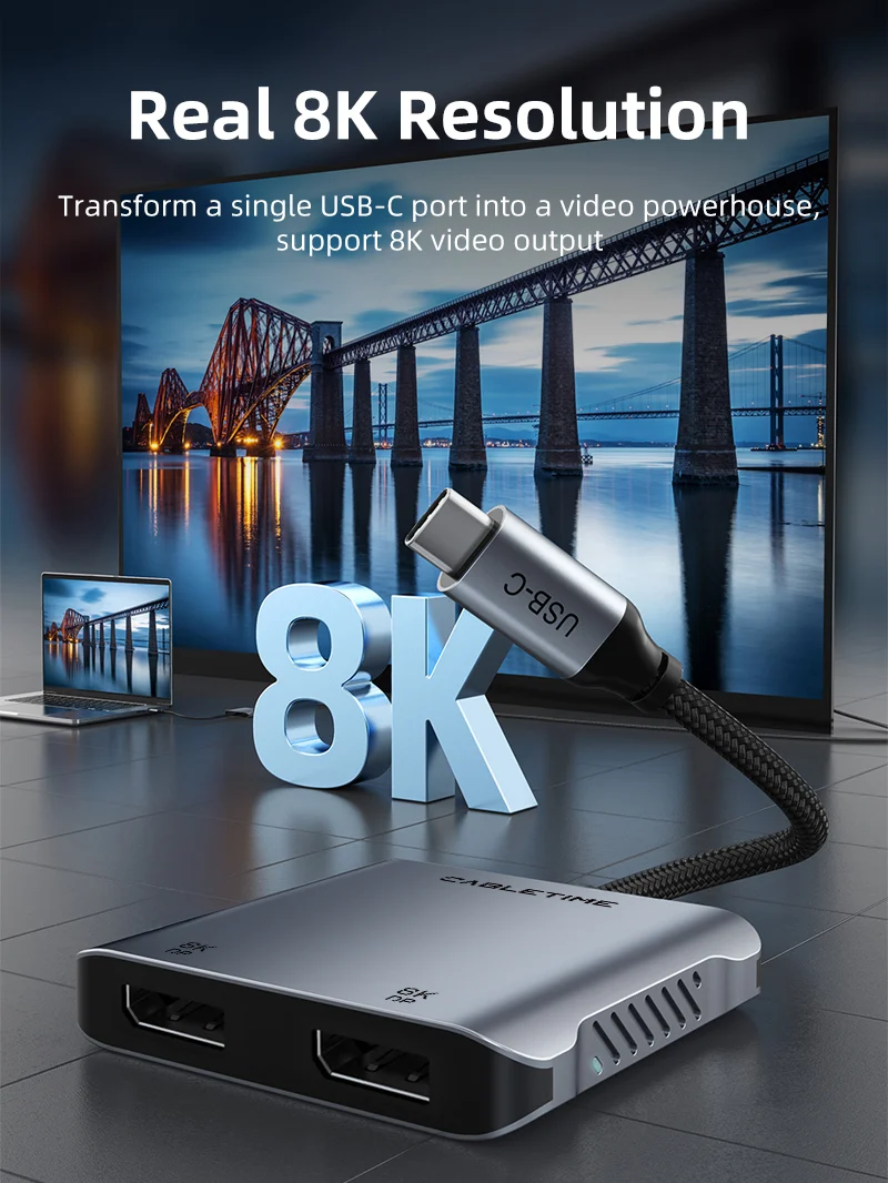 8K 4 IN 1 USB C to Dual DP Adapter Hub for Dell XPS 13 15,Lenovo ,Sumsung Chromebook
