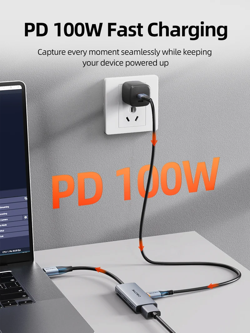 USB 3.0 Video Capture Card with 100W PD HDMI to USB/USB C for PS4 live streaming