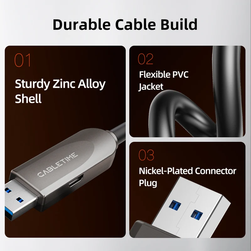10Gbps USB-A to USB-C Active Optical Cable (AOC) 10–50m for Cameras & Industrial Use