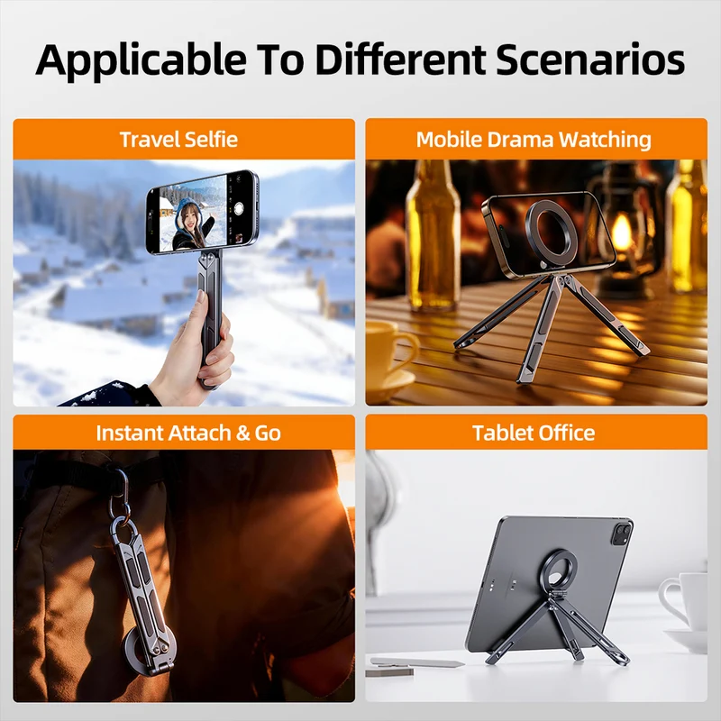 Foldable Magnetic Phone Tablet Tripod Stand with Carabiner