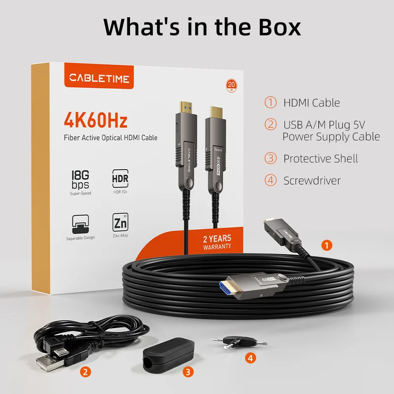 4K 60Hz Detachable Active Fiber Optic HDMI 2.0 Cable In Wall - 18Gbps AOC for Home Theater, PS5, Projectors