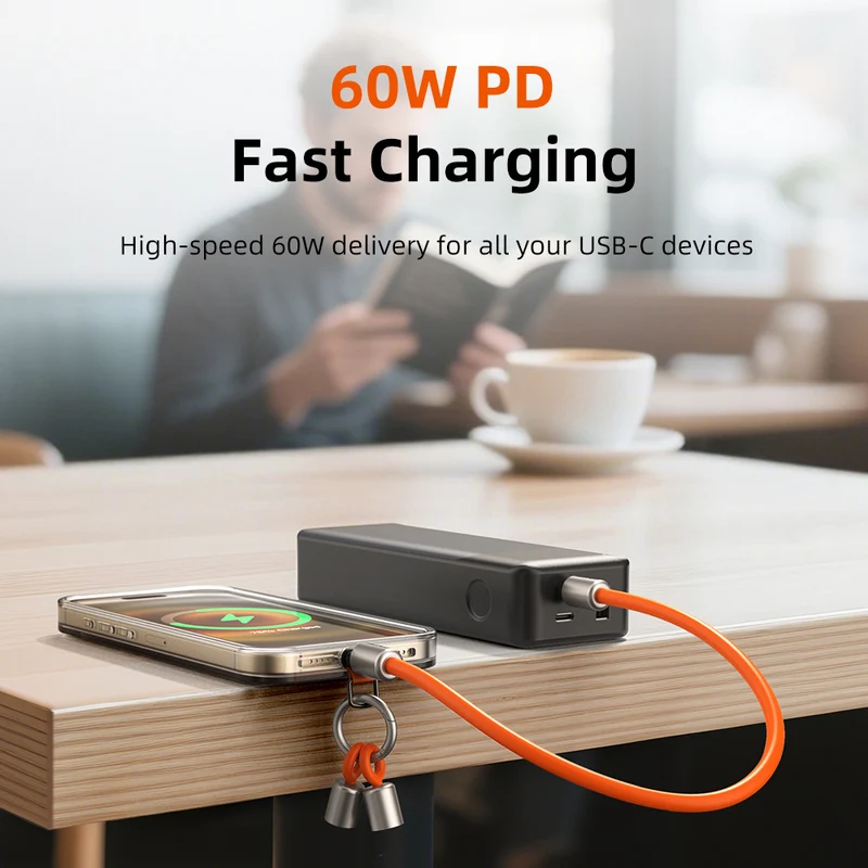 60W USB-C Keychain Charging Cable 480Mbps Data for iPhone 15/16/17, Samsung, Pixel