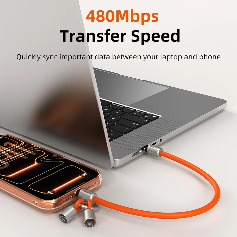 60W USB-C Keychain Charging Cable 480Mbps Data for iPhone 15/16/17, Samsung, Pixel