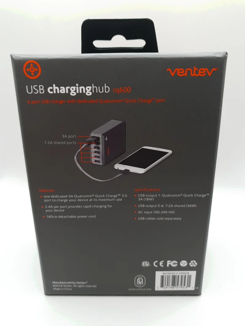 Ventev USB Charging Hub Rapid Charge 6 Ports RQ600 Qualcomm Quick Charge 3.0 For Smartphones Tablets Devices